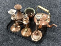 A tray of Victorian copper kettle, silver plate on copper candlesticks,