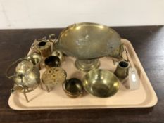 A tray of brass ware - tazza, miniature tankard, miniature teapot,