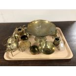 A tray of brass ware - tazza, miniature tankard, miniature teapot,