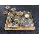 A tray of silver plated serving tray, oak tray,