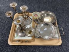 A tray of silver plated serving tray, oak tray,