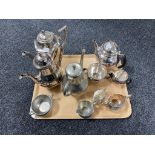 A tray of silver plate and pewter tea wares