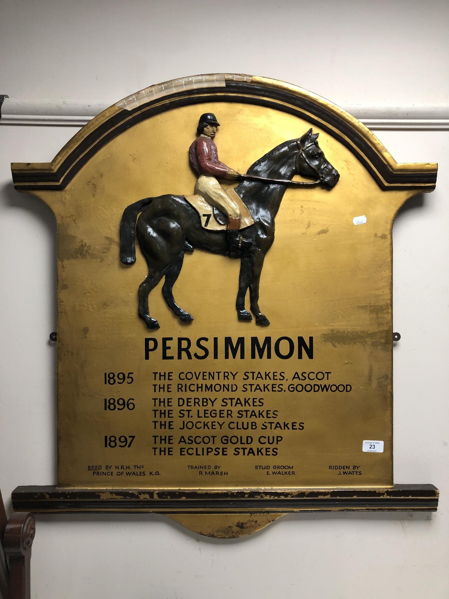 A painted wooden horse racing plaque - 'Persimmon'