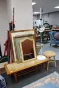 A tiled teak table together with mirror, pictures, angle poise lamp,
