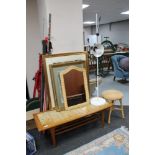 A tiled teak table together with mirror, pictures, angle poise lamp,
