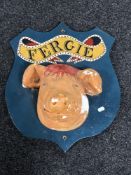 A plaster butcher's display plaque depicting a pig 'Fergie'