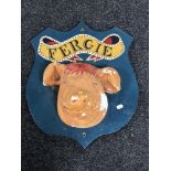 A plaster butcher's display plaque depicting a pig 'Fergie'