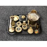 A tray of metal ware, swing handled brass bucket, tankard, ammunition shell, ashtrays,