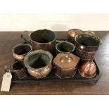 A tray of copper ware - planters, hunting horn, lidded caddy,