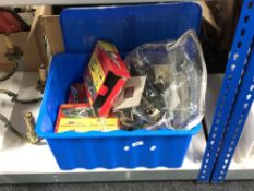 A box of Hornby railways buildings and accessories