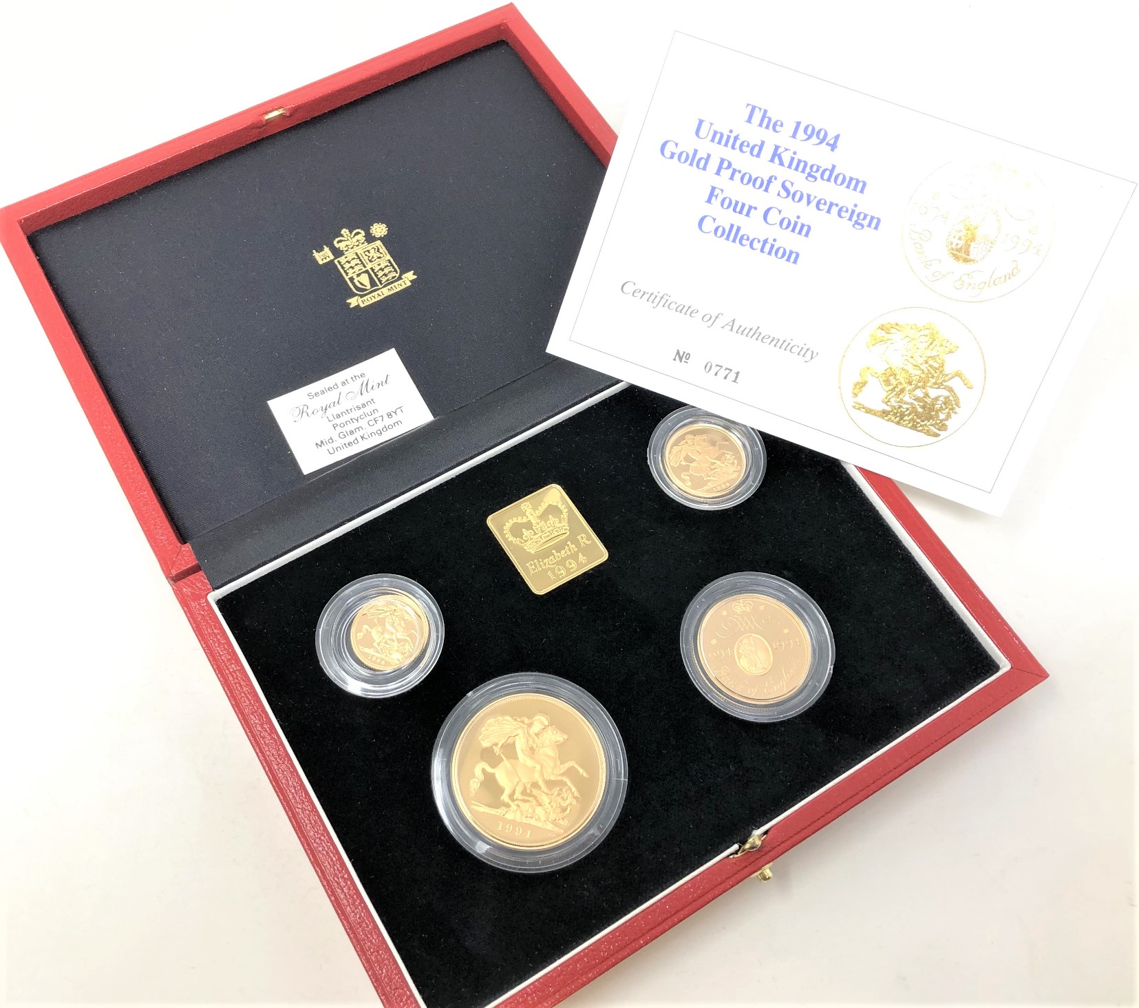 Royal Mint - The 1994 United Kingdom Gold Proof Sovereign Four coin collection, certificate no.