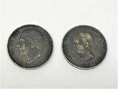 Two silver coins - 1890 & 1885 5 Pesetas.