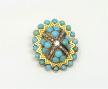A high carat gold turquoise and diamond brooch / pendant