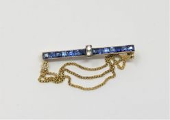 A good quality 18ct gold sapphire and diamond bar brooch, 5.2g, probably French.