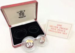 Royal Mint - 1990 silver proof five pence two-coin set