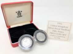 Royal Mint - 1994 United Kingdom silver proof Piedfort fifty pence two-coin set, no. 1486.