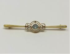 A 15ct gold aquamarine and pearl brooch, 3.48g.