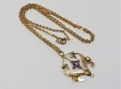 An antique gold amethyst pendant on chain, 4.3g.