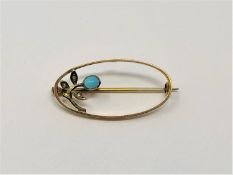 An antique gold turquoise pearl brooch, 2.4g.