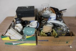 Two boxes of ceramics, glass and coffee ware, barometer,