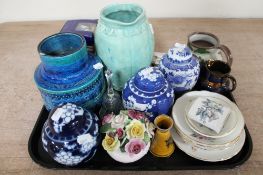 A tray of blue and white ginger jars, Wedgwood and other ceramics,