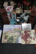 A quantity of decorative boxes, crate of table lamps, canvas pictures,