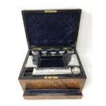 A burr walnut brass-mounted vanity case, fitted with drawer and lift-out tray,