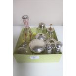 A box of eight silver topped dressing table items and bottles, two silver rimmed vases.