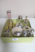 A box of eight silver topped dressing table items and bottles, two silver rimmed vases.