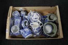 A crate of blue and white Spode china,