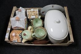 A crate of decorative ornamental storage jars, ceramic bread bin,