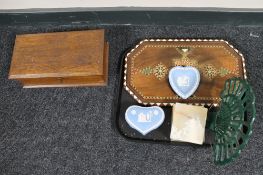 A tray of oak box, inlaid wooden panel, Wedgwood trinket box,