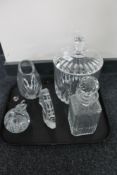 A tray of large crystal jar and cover, decanter,