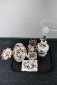 A tray of Masons Mandalay china, table lamp,