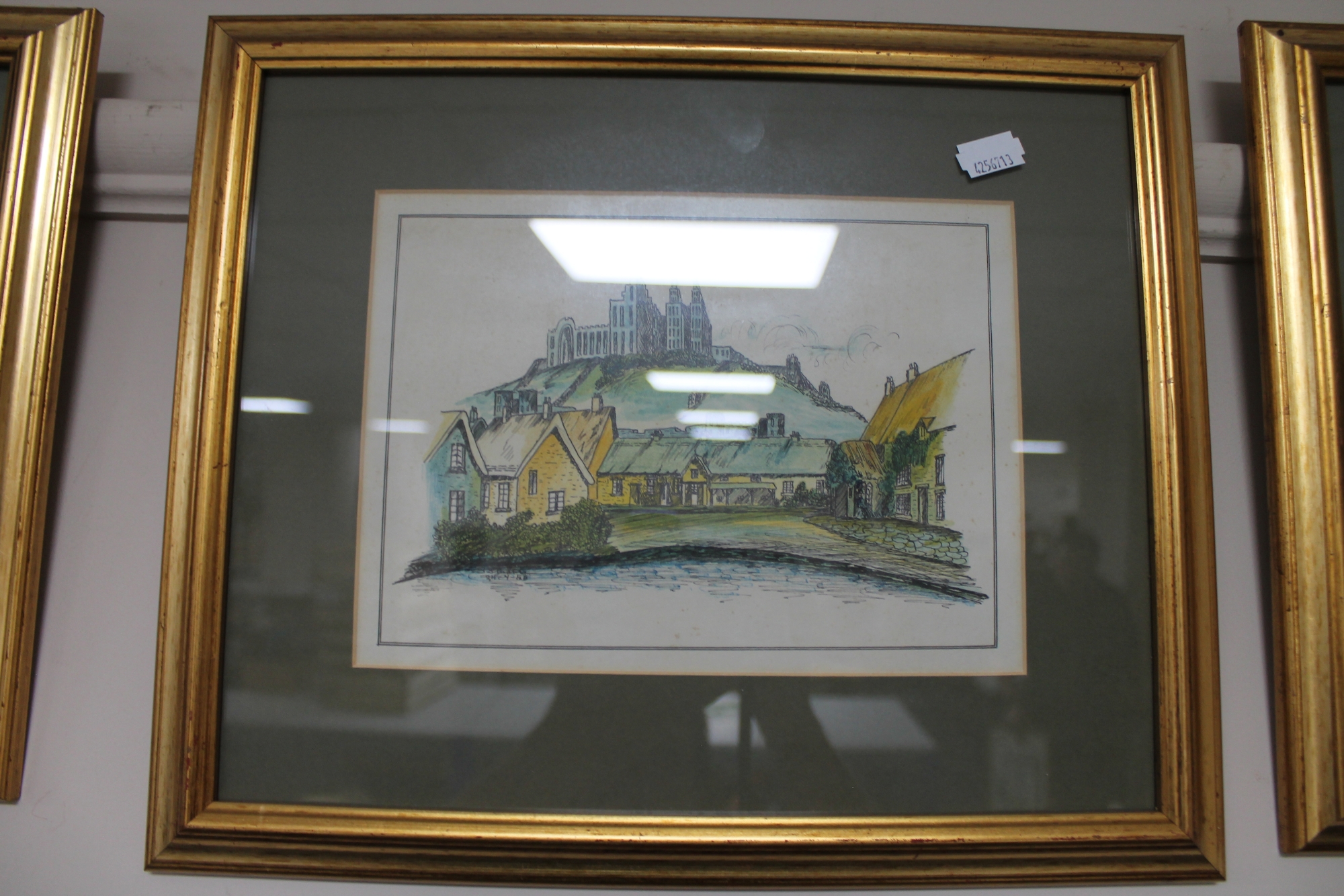 A set of hand coloured pen and ink drawings depicting landscapes (4) - Image 2 of 4