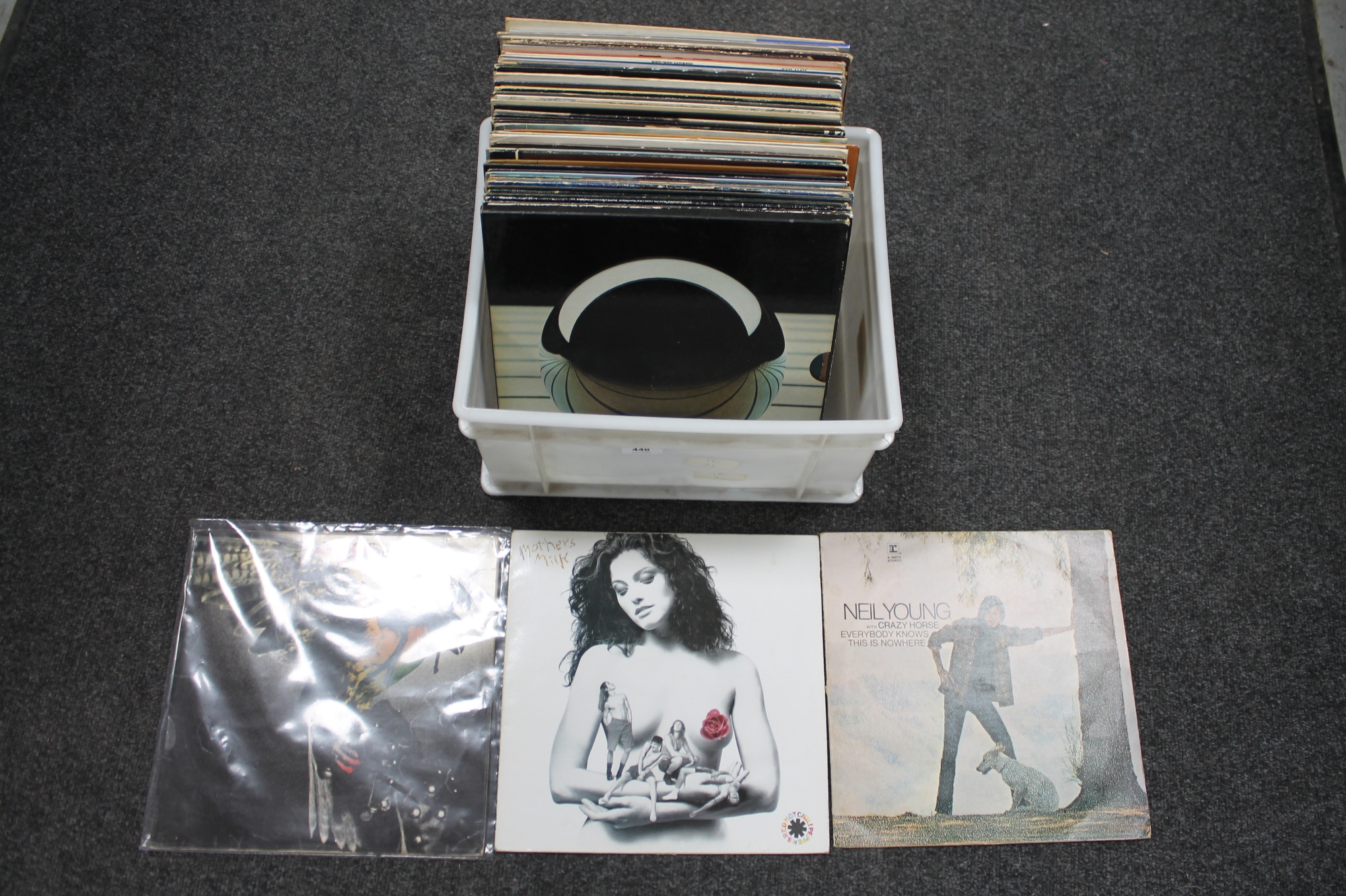 A box of LP records, pop and rock etc, Red Hot Chilli Peppers,