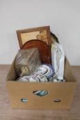 A box of Paragon coffee cups and saucers, tea china, inlaid wooden tray, glass ceiling light,