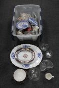 A quantity of ceramics and glass, antique meat plate, Poole ware, wooden mirror,