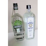 Two bottles of gin - Bombay London Dry 1l and Greenalls London dry gin 1l.