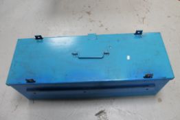 A heavy gauge steel lidded strong box with locks