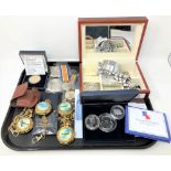 A tray of replica WWI medals, spitfire pocket watches,