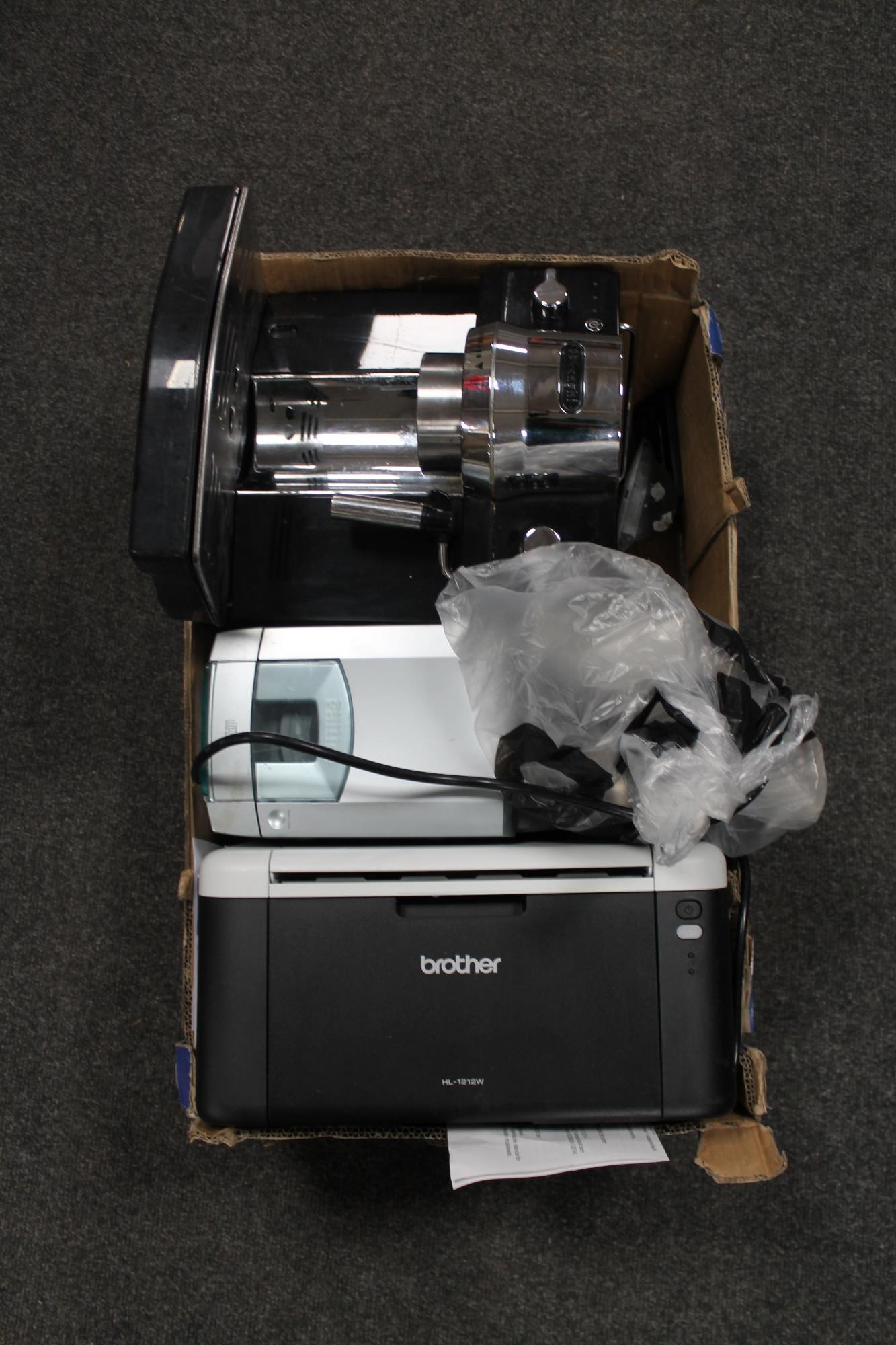 Two boxes of electricals etc, DVD player, USB turntable, coffee machine,