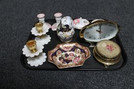 A tray of Royal Crown Derby twilight owl, dressing table clock,