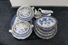A tray of blue and white old willow dinner ware,