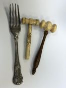 A Georgian silver table fork and a 19th century ivory tipped gavel and a bone gavel.
