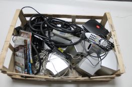 A crate of electrical items - Toshiba speakers etc