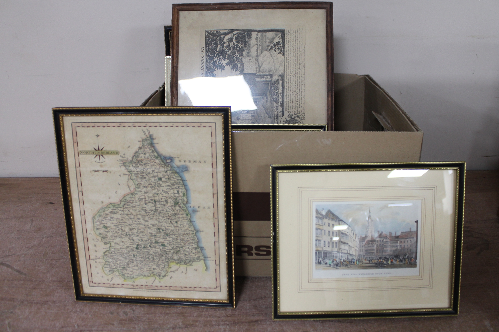 Two boxes of pictures, prints, map of Northumberland,