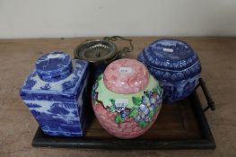 A tray of Maling blue and white tea caddy, ginger jar, Wedgwood biscuit barrel,