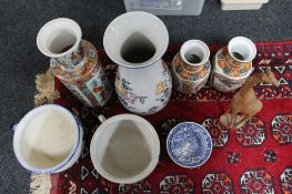 A tray of oriental style vases, chamber pots,