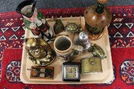 A tray of two clocks, miniature electric wheel, Toby jug,
